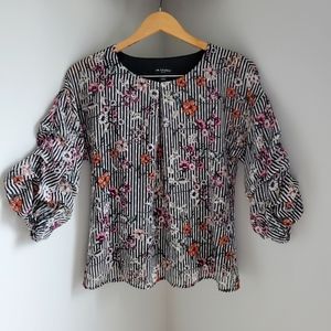 I.N.Studio Striped/Floral Top with Ruffled Sleeves